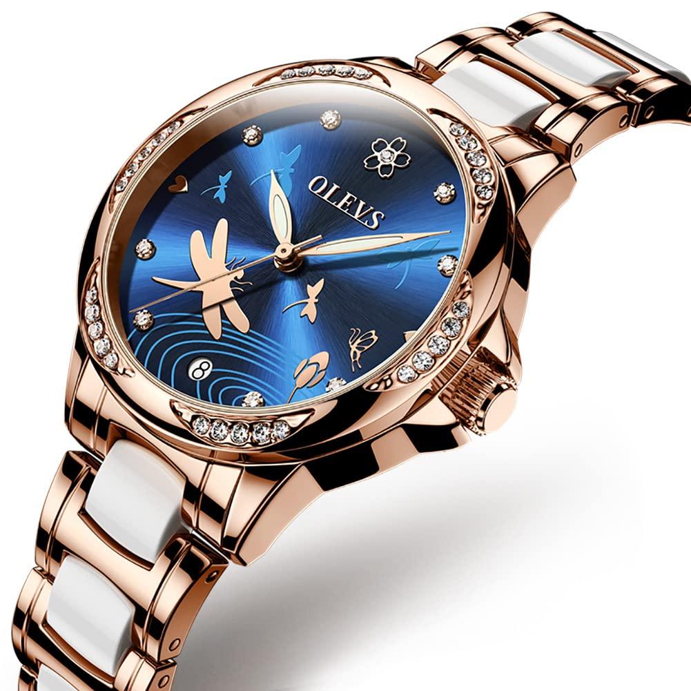OLEVS Japanese Ceramic Diamond Easy To 30M Water Gift for Watch for Gold Blue Women's Watch, Automatic, Mechanical, Quartz, Belt, Dial, Luminous,