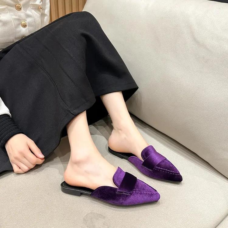 Fashion New Flats Mules Shoes Pointed Toe Women Slippers New Suede Summer Flip Flops  Casual Walking Fashion Slides Female Zapatillas