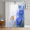 Spring Blue Flower With Butterfly Sheer Curtains For Living Room Window Transparent Tulle Curtain Bedroom Drapes Home Decor