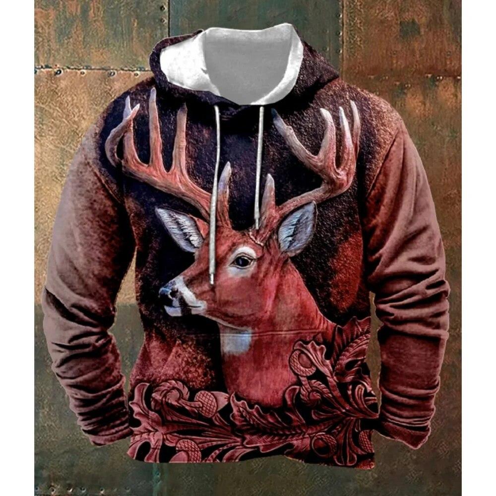 Men's Vintage Hoodie 3D Deer Hunting Graphic Hooded Sweatshirt For Male Winter Outwear Tops Oversized Daily Casual Steetwear