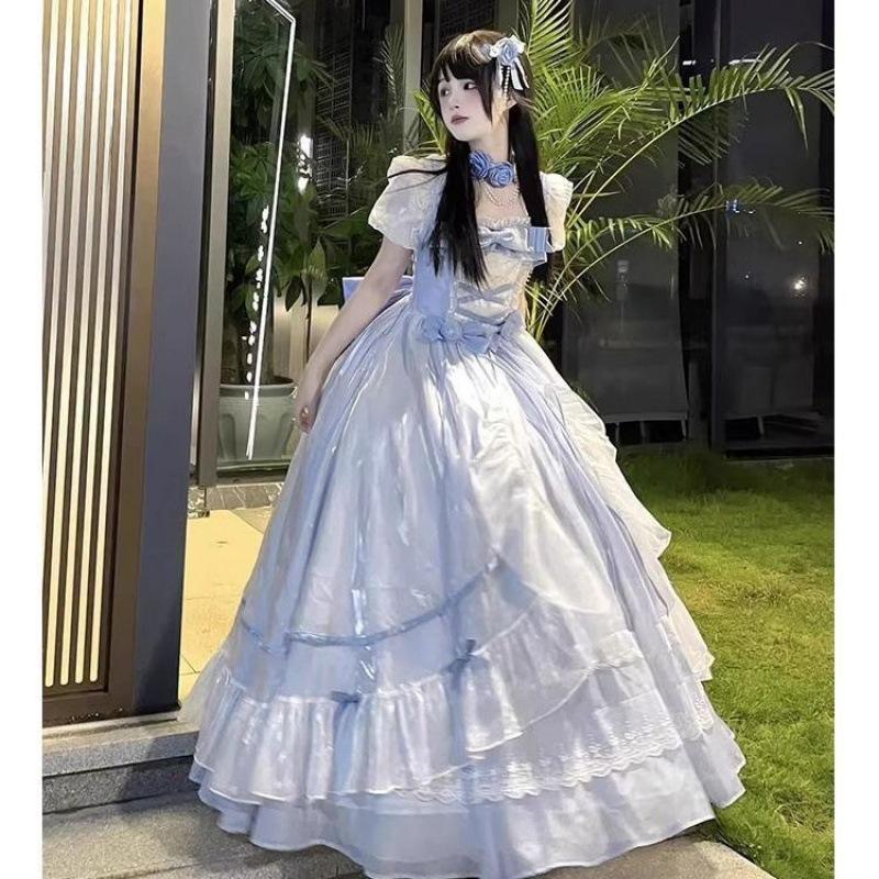 Blue Adult Dress Big Flower Wedding Lolita Dress Op Lolita Gorgeous Fleeing Fluffy Tail Princess Dress