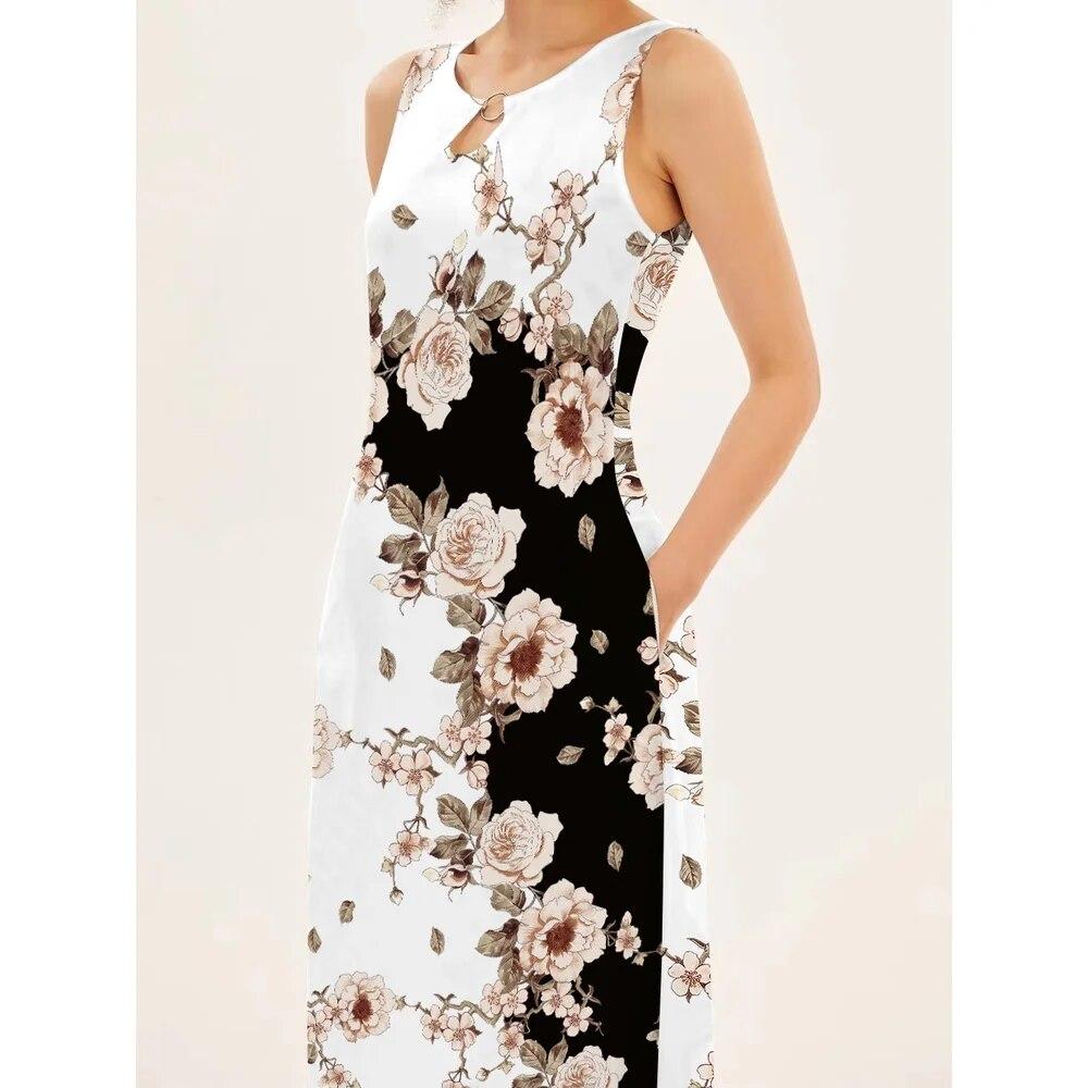 Flower Print Casual Sleeveless Long Dress Women's V-Neck Printed Dress Swing Bohemian Retro Dresses