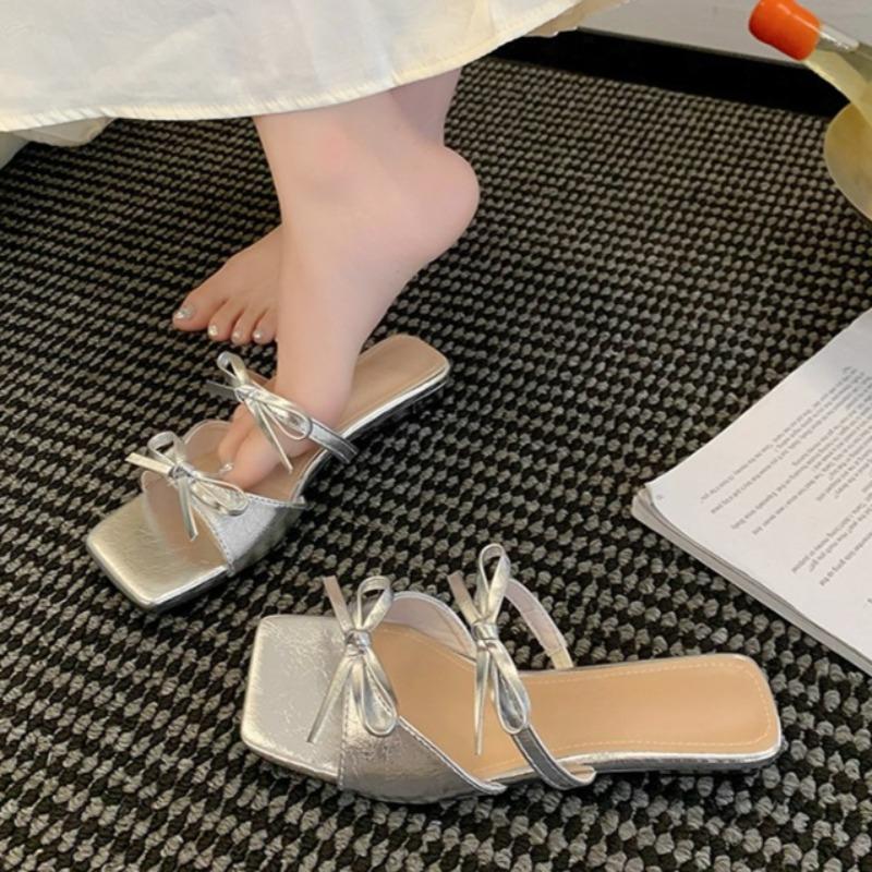Fashion Temperament Low Heel Slippers Summer New Square Toe Open Toe Bow Breathable Slip Soft Slip Cool Mopping