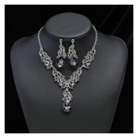 Women Necklace Earrings Set Luxury Symmetric Retro Rhinestone Hollow Out Anti-allergy Hanging