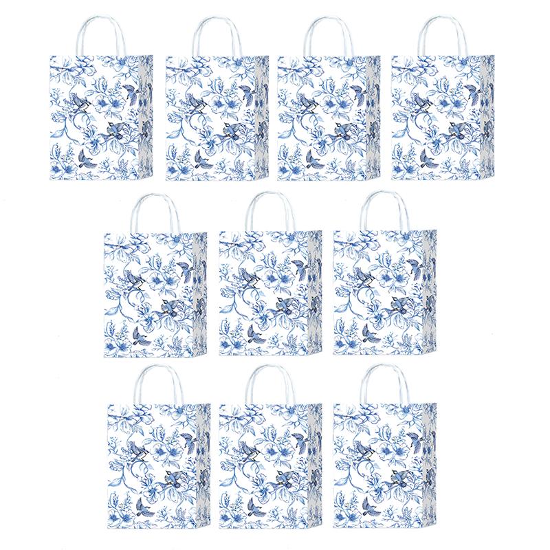 10pcs Blue & White Shopping Paper Gift Bags Elegant Porcelain Floral Tote Bags Chinese With Twine Handles Weddings