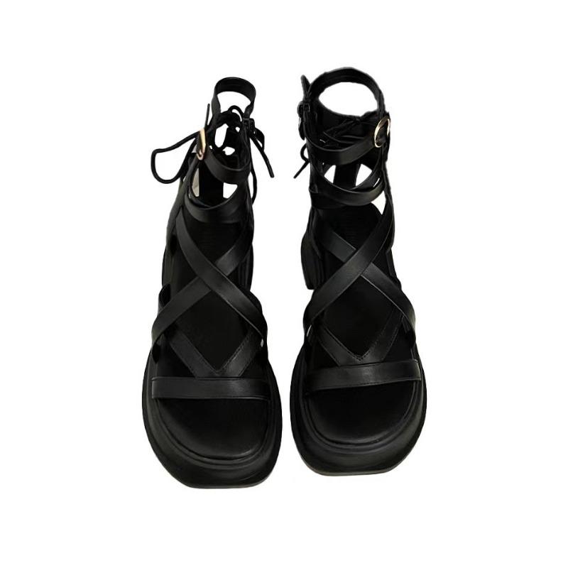 Thick-soled Flat-soled Heightened Lace-up Sandals Female Summer New Fairy Wind Open-toed Muffin Bottom Roman Cool Boots Tide