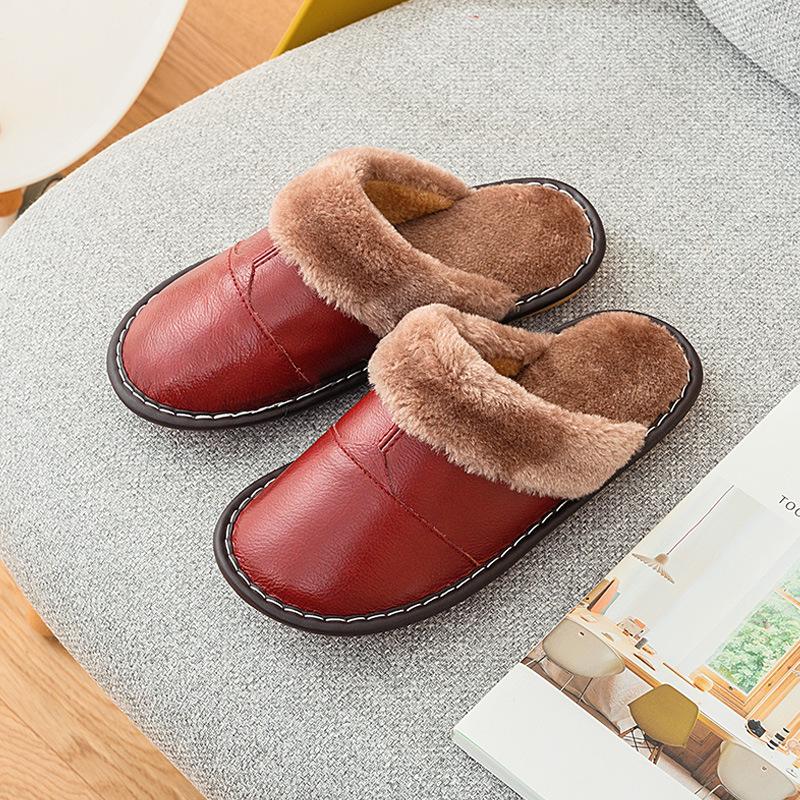 2024 Winter Leather Women Slippers Indoor Waterproof Warm Slippers Home Fur Couple Shoes Flat Ladies Men'S Slippers Cotton Shoes