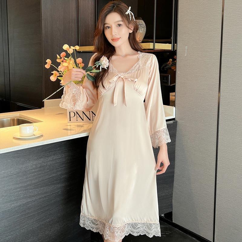 Women's Sexy Spring and Autumn Nightdress Ladies Sweet Lace Ice Silk Loungewear Long Sleeve Homewear