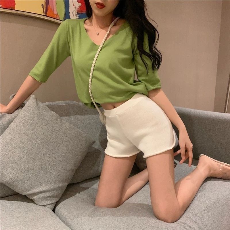 Summer High Waisted Hip Hugging Knitted Shorts Casual Pants Women's Spicy Underwear Leggings Rolled Edge Hot Pants Versatile and Slimming Pants