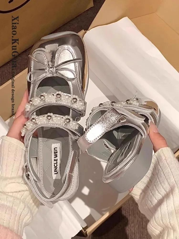 Fashion Summer New Women's Pearl Knot Sandals Flat Bottom Mary Janes Retro Style Rubber Sole Comfortable Slip-On Shoes for Dress