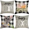 Easter Bunny Printed Linen Pillow Cover Spring Black and White Plaid Pillow Cover