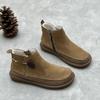 Johnature Retro Women Flat Short Boots Genuine Leather Shoes Handmade Round Toe Solid Color Ankle Boots