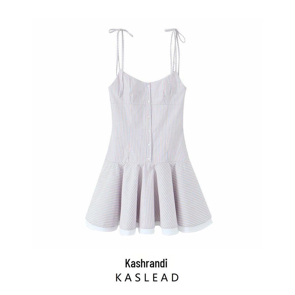 2025 Spring Blue Striped Sling Dress - Women's European & American Style