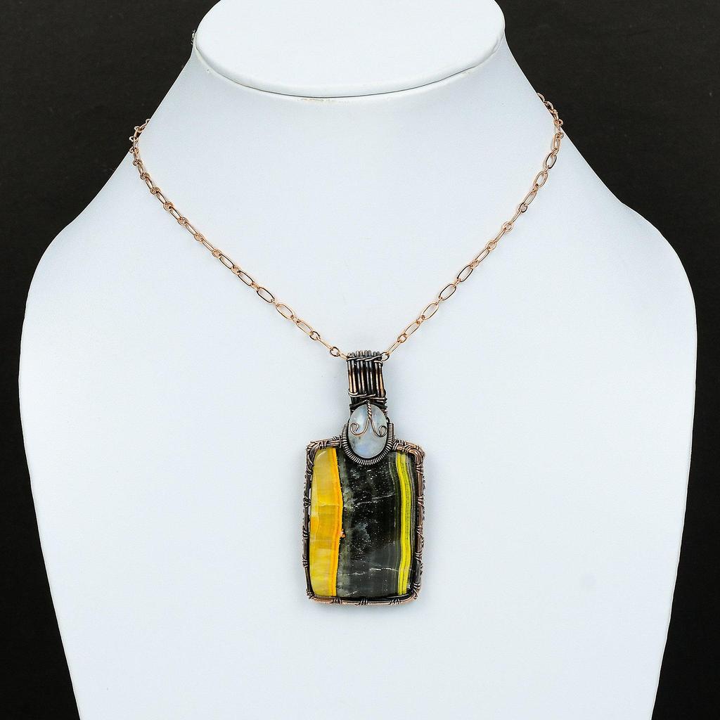 Bumble Bee Jasper Pendant Rainbow Moonstone Pendant Copper Wire Wrapped Pendant Real Gemstone Handmade Pendant Antique Copper Design Jewelry