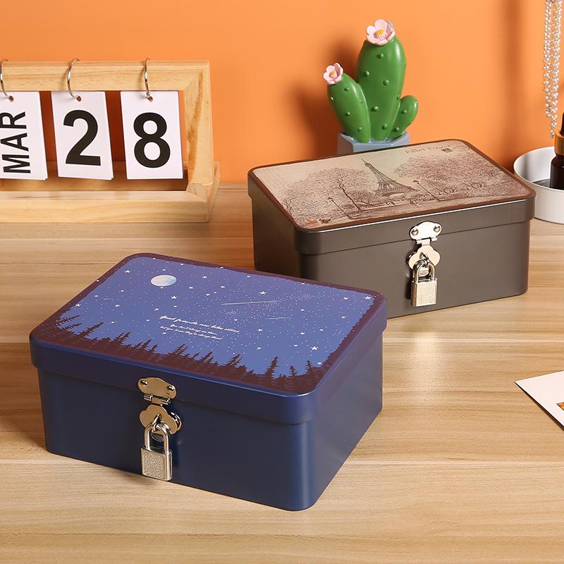 Tinplate Box with Lock Key Desktop Storage Box Cosmetics ID Storage Household Jewelry Empty Box