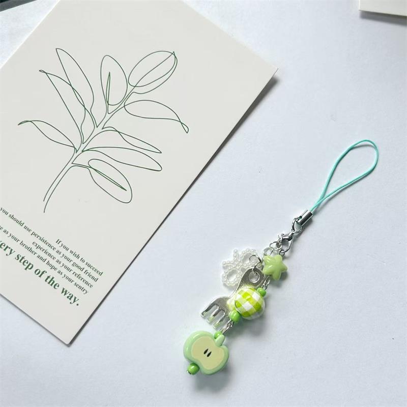 Cute Sweet Green Apple Star Bow Beads Keychain Pendant Mobile Phone Strap Lanyard Backpack Charm Bag Hanging Ornament Girly Gift
