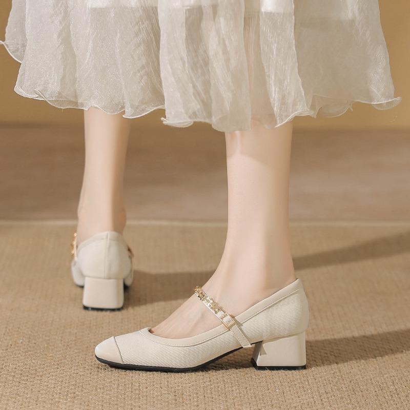 Square Head Thick Heel Single Shoes Women's Spring and Summer New One-word Buckle Strap Burgundy Mary Jane Shoes Women