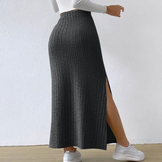 Women Skirt High Waist Knitted Elastic Thick Warm Ankle Length Striped Slim Fit Split Hem Soft Sheath Maxi Skirt