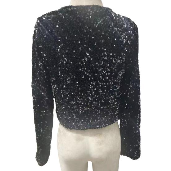 Women Sequin Jacket Big Bow Decor Loose Round Neck Long Sleeves Solid