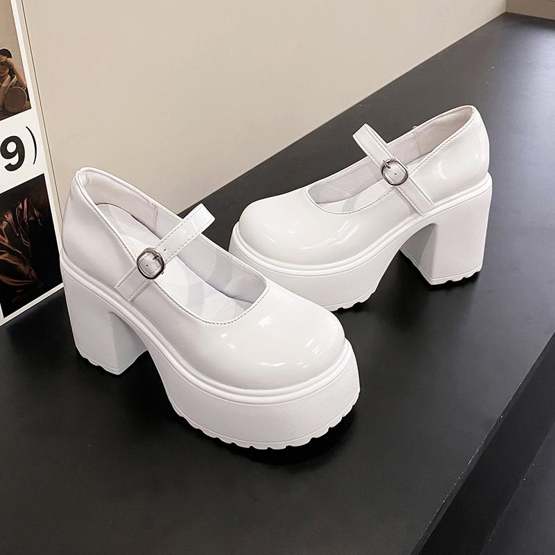 Platform High Heels Pumps Women 2025 Autumn Pu Leather Ankle Buckle Mary Jane Shoes Woman Thick Heeled White Lolita Shoes