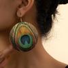 Vintage Round Shape Peacock Feather Print Dangle Earrings Boho Elegant Style Trendy Holiday Ear Ornaments
