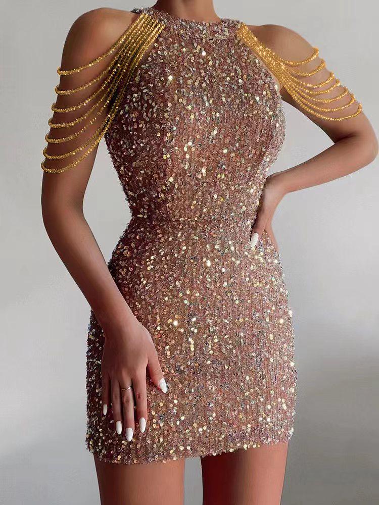 2025 Spring/Summer Crystal Chain Halter Neck Sequin Evening Dress