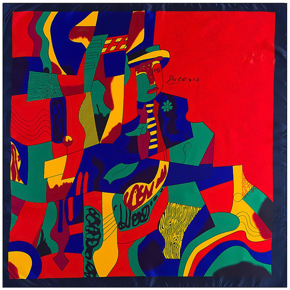 Red Picasso Paint Scarf Women's Head Print Square Fashion Satin Shawl Silk Kerchief Neckerchief