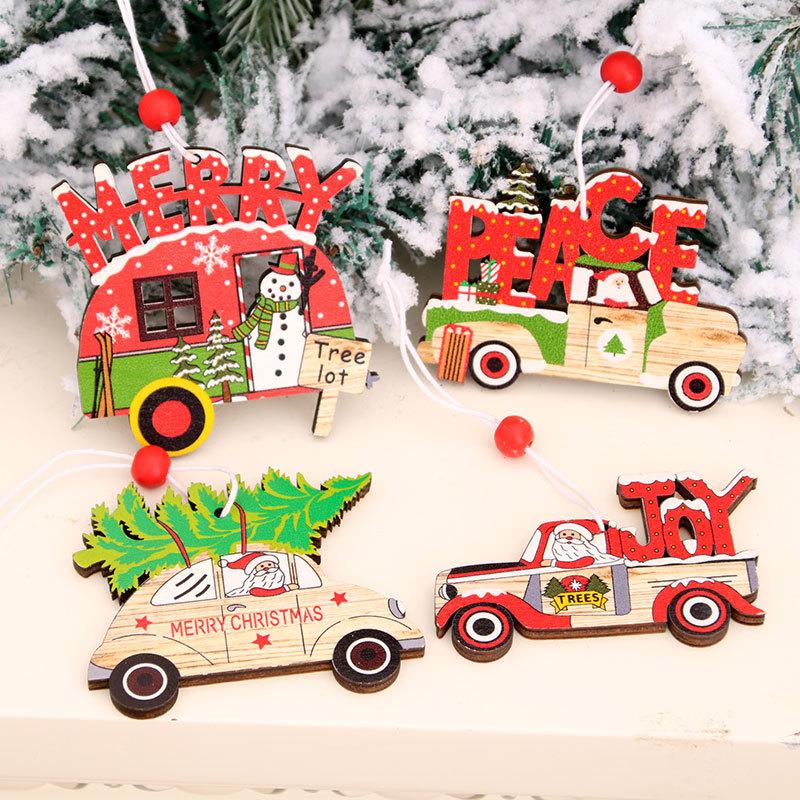 Christmas Painted Wooden Pendant Christmas Decorations Christmas Tree Colorful Old Man Car Pattern Pendant