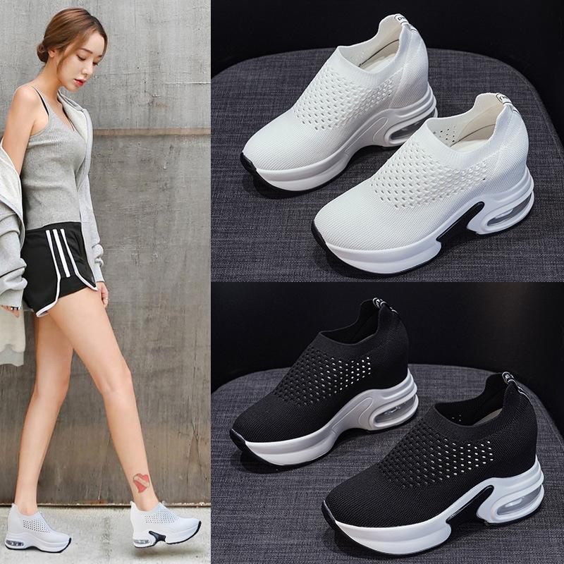 Inner Heightening Platform Women's Shoes 2025 Autumn New Lightweight Breathable Fly-woven Shoes Running Shoes Air Cushion Sports and Leisure Women's