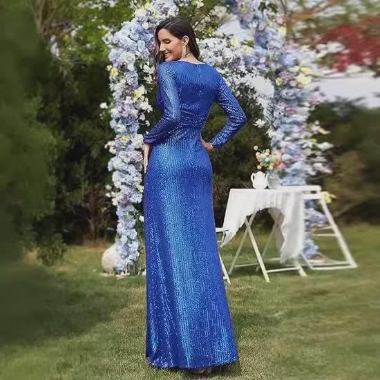 Spring Solid Color Sequin Long-Sleeve Evening Dress - 5 Colors