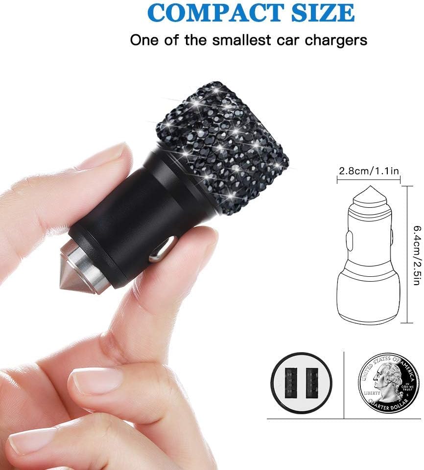 Dual USB Car Charger Bling Bling Handmade Rhinestones Crystal Car Decorations for Fast Charging Car Decors for iPhone/Samsung