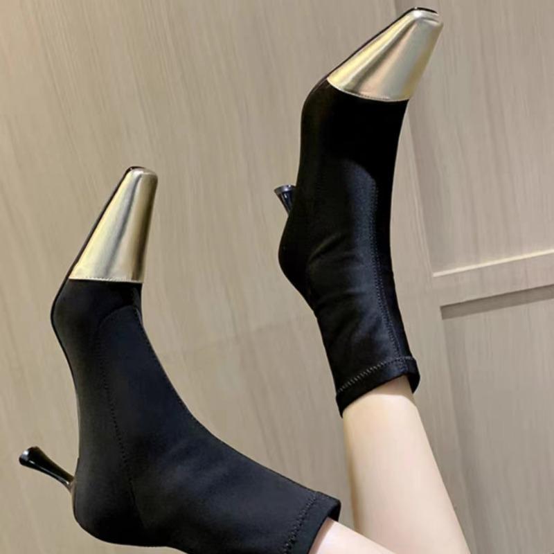 New Fashion High Heel Elastic Slim Boots Women's Shoes Mid-calf Sock Boots Pointed Rubber Material Spring and Autumn