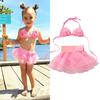 2Pcs Baby Summer Swimwear, Solid-Color Hanging-Neck Floral Top + Tutu Skirt