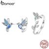 925 Sterling Silver Blue Hummingbird Ear Clips and Open Ring Pave Setting CZ Fine Jewerly Set for Women Birthday Gift