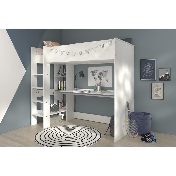 PARISOT JIM Contemporary Children's Loft Bed with Memphis Pine Decor and Reversible Blue or Pink Edge - W 90 X L 200 Cm