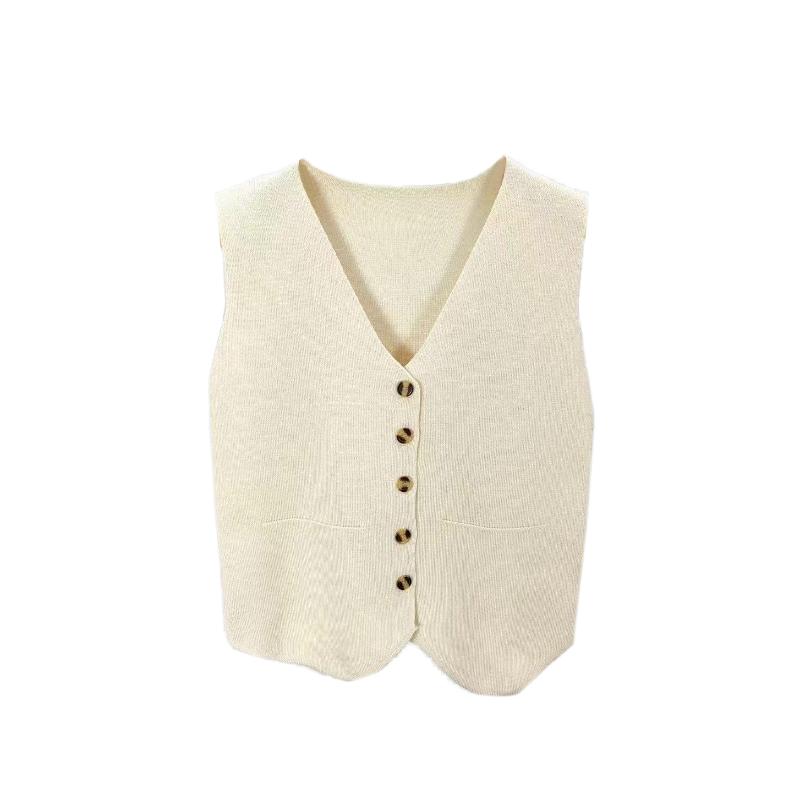 French Temperament V-Neck Single Breasted Sleeveless Casual Knitted Vest For Women
