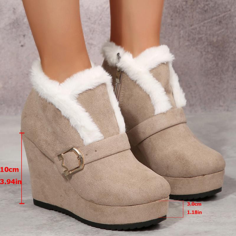 Metal Buckle Suede Wedge Heel Snow Boots Women Winter Round Toe Super High Heel Ankle Boots Warm Faux Fur Thick Bottom Shoes