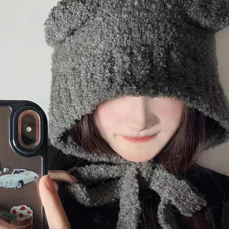 Winter Women'S  Hat Cute Bear Earmuff Hat Plush Warm Solid Color Hat