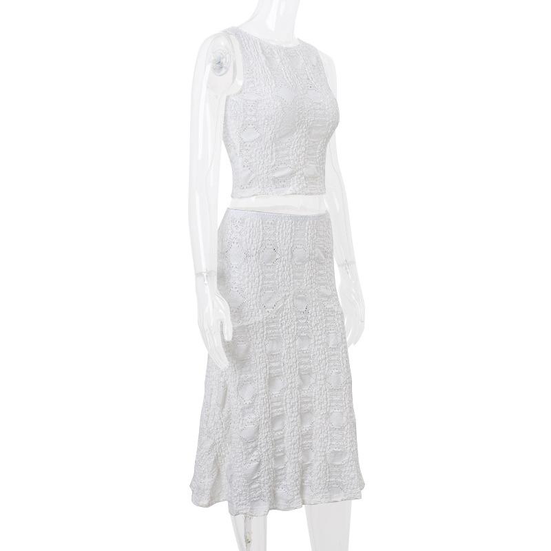 Y2K White Casual 2 Piece-Set Long Skirt Women Hollow Out Patchwork Sexy Cropped Tank Top and Maxi Skirt Sets Female Outfits
