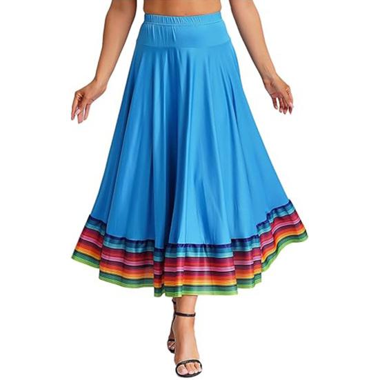 Maxi Skirt Ladies Folk Dance Skirt Elastic Waist Spanish Swing Skirt Rainbow Large Swing Hem Mexican Flamenco Performance Skirt