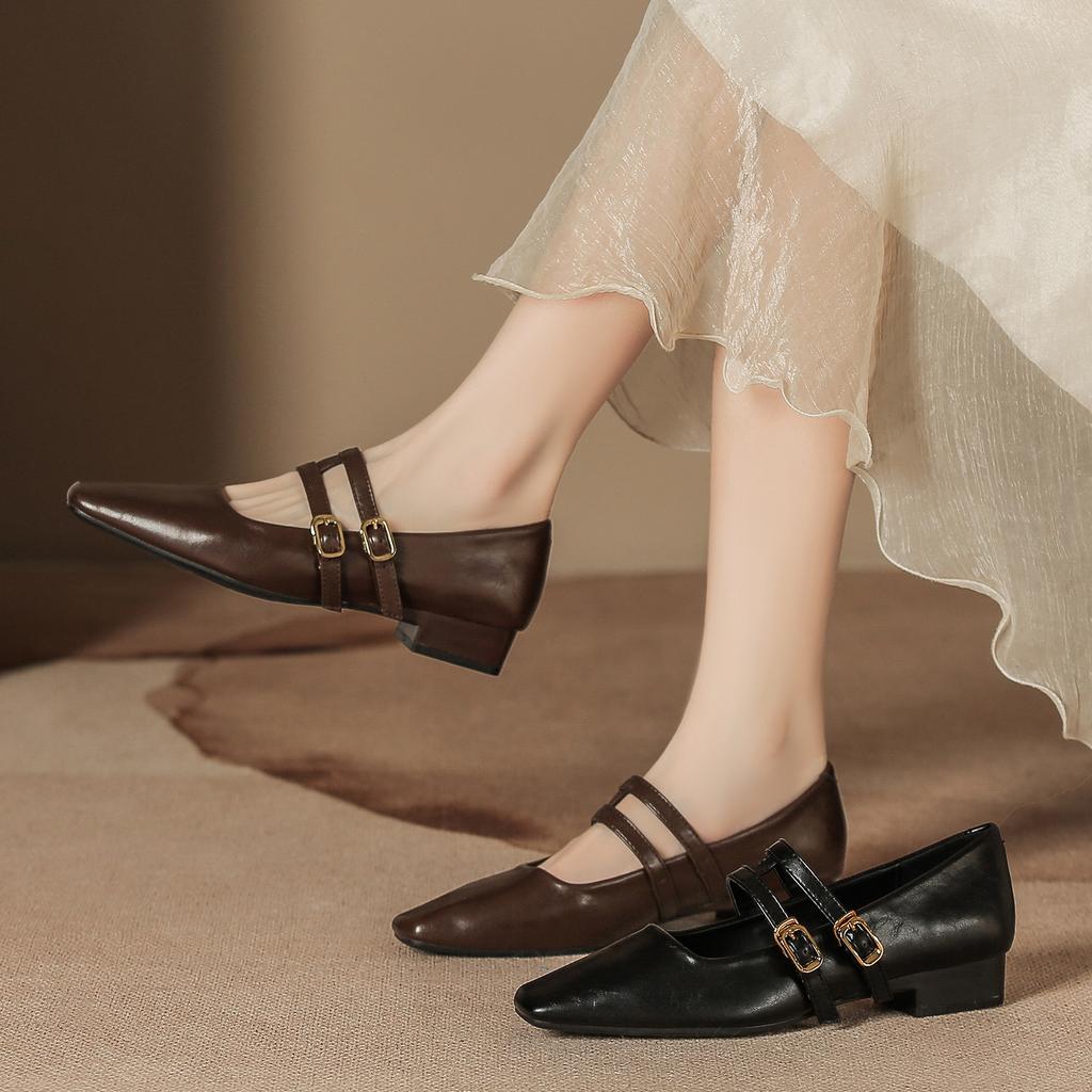 Autumn and Winter New Single Shoes Square Head Retro Thick Heel with Mary Jane Low Heel Light Mouth Leather Shoes Soft Sole Soft Surface Advanced