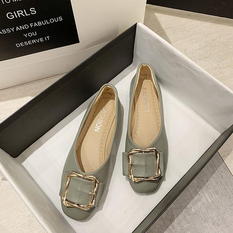 Spring Women's Flat Sole Single Shoe with Front Buckle Flat Heel Round Head Breathable and Versatile Black Fairy Soft Sole Bean Shoes