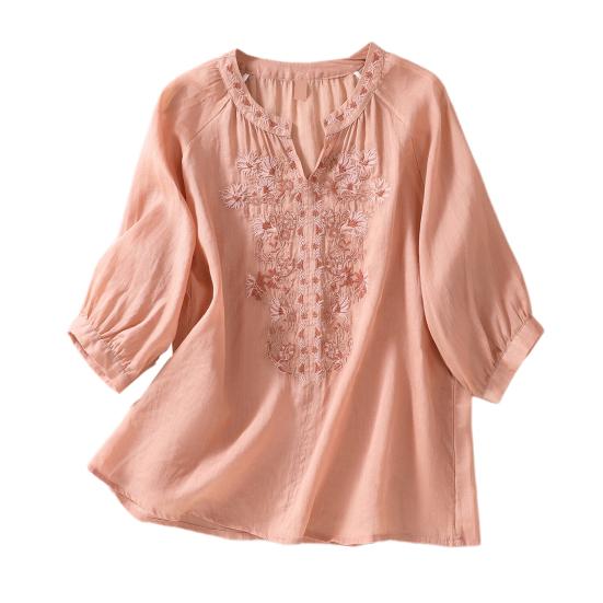 Summer Women Shirt V Neck Flower Embroidery Three Quarter Sleeves Loose Solid Color Retro Mother Mid-aged Female Daily Casual Blouse