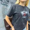 European and American Fashion Casual Loose Washed Distressed Print T-shirt Top Loose Printed T-shirt Top