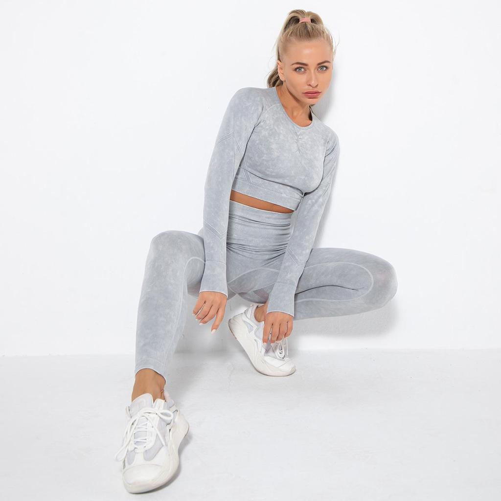 Women Seamless Washed Peach Hip Lifting Sports Running Fitness O Neck Long Sleeve Pant Suits