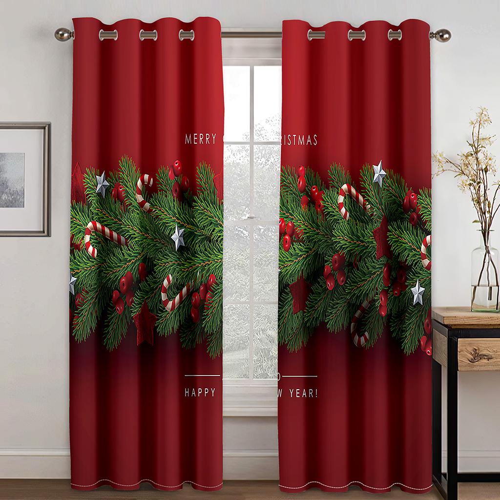 3D Christmas Curtains Christmas Christmas Tree Snowman Red Curtains Balcony Living Room Window Decorative Curtains 2 Panels
