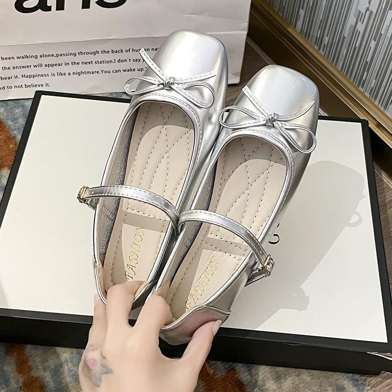 Fashion Mary Janes Women's 2025 Plus Size Ladies Shoes Flats Bow Tie Daily Flats Women Square Toe Buckle Strap Soft Bottom Shoes Female