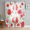 Red Watercolor Poppy Flower Sheer Curtains for Living Room Decoration Window Curtains for Kitchen Tulle Voile Organza Curtains