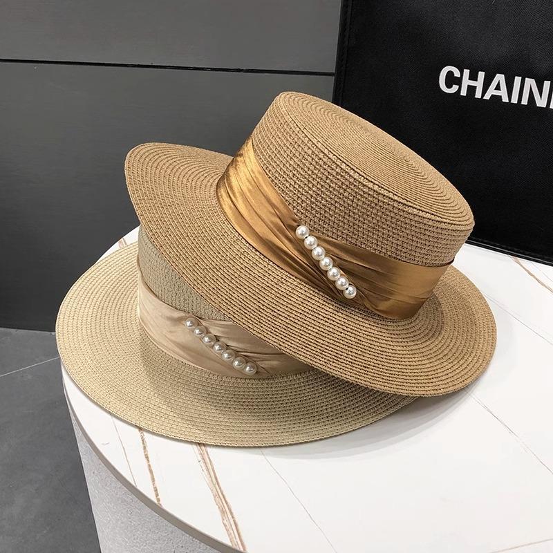 Pearl Top Hat Children Summer Beach Flat Top Straw Hat Seaside Sunshade Sunscreen Hat UV Protection Sun Hat