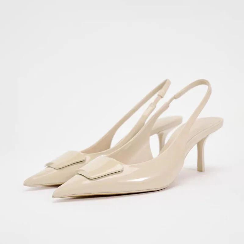 TRAF Womans Black Leather High Heel Sandals Sexy Pointed Toe Slingback Metal Buckle Pumps Sandals Summer Party High Heel Sandals